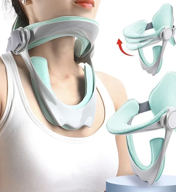 The Cradle worn at the front of the neck, with close-up views of the padded shell and adjustable strap