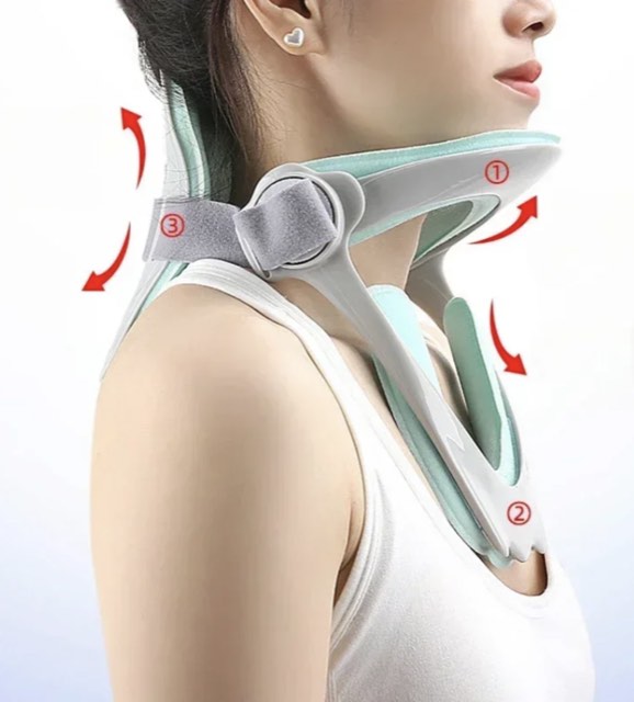 The Cradle worn from the side, with arrows marking the jaw rest, the collarbone rest, and the adjustable strap